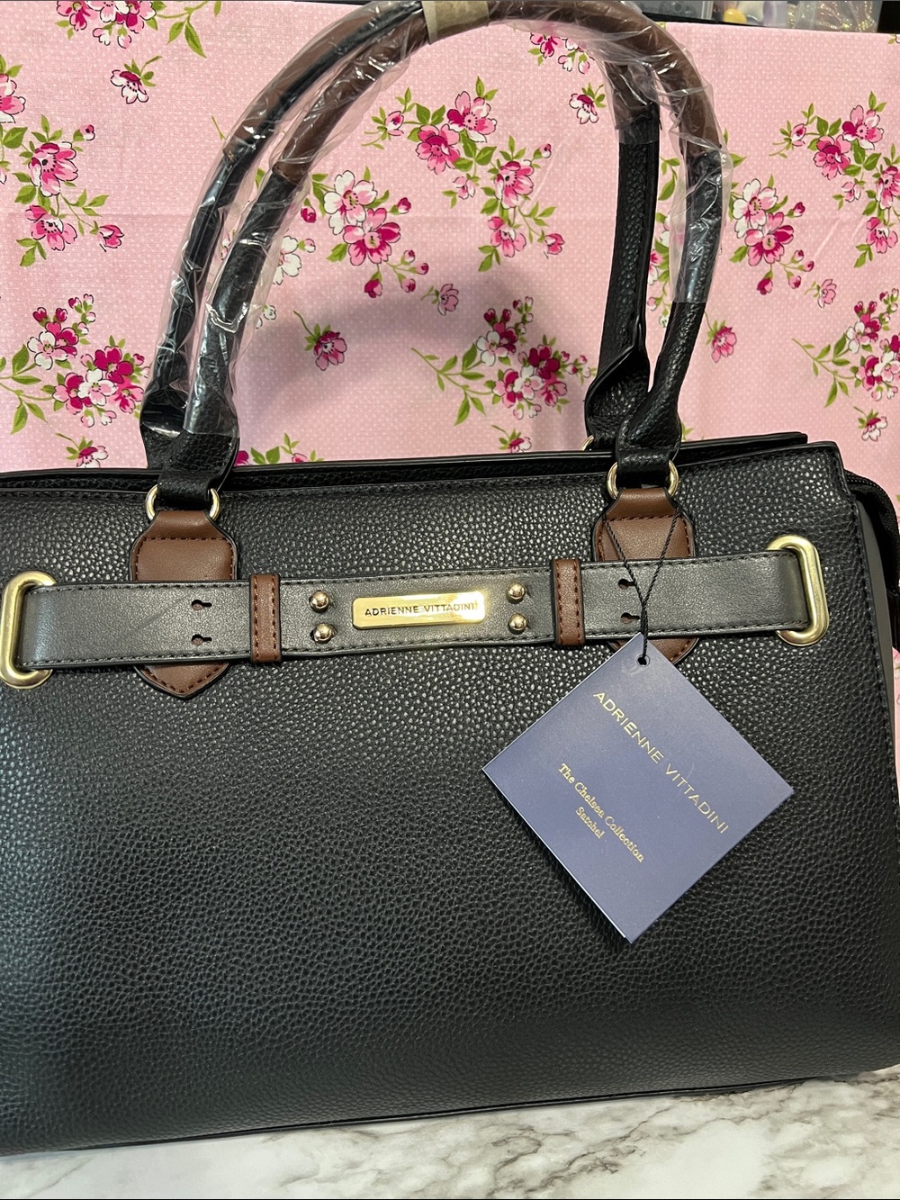 Adrienne Vittadini Black Satchel with Brown Trim and Gold Hardware